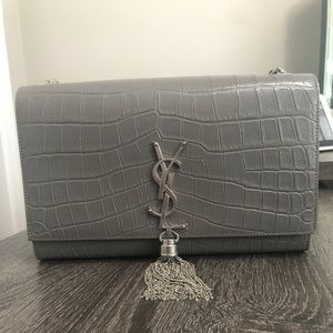 YSL Grey Medium Croc Kate Tassel Chain Bag